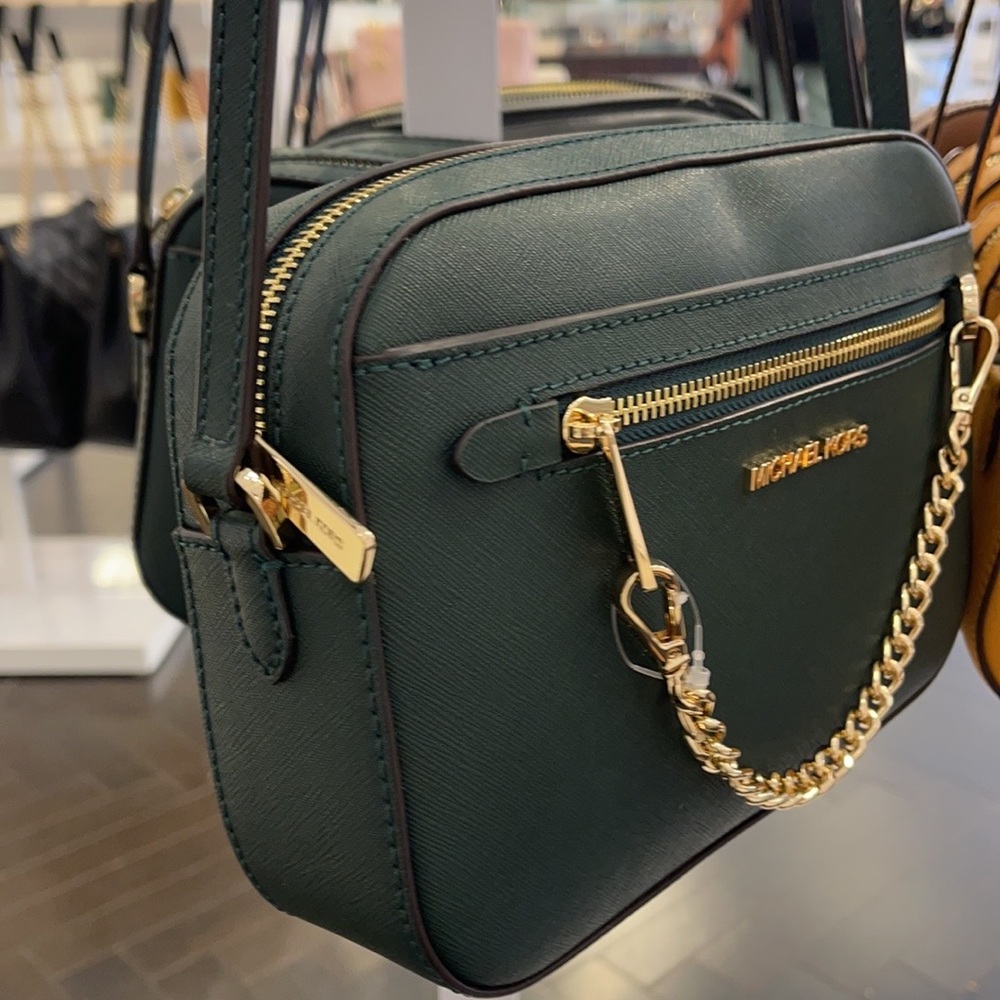 Michael Kors Jet Set Item Large East West Zip Chain Racing Green Crossbody Bag - Picture 2 of 11